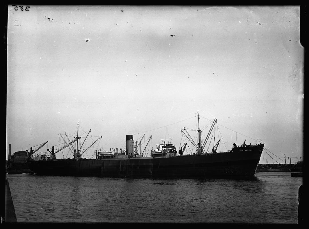 Starboard broadside view of S.S. BARON ELPHINSTONE at Cardiff Docks, c.1937.