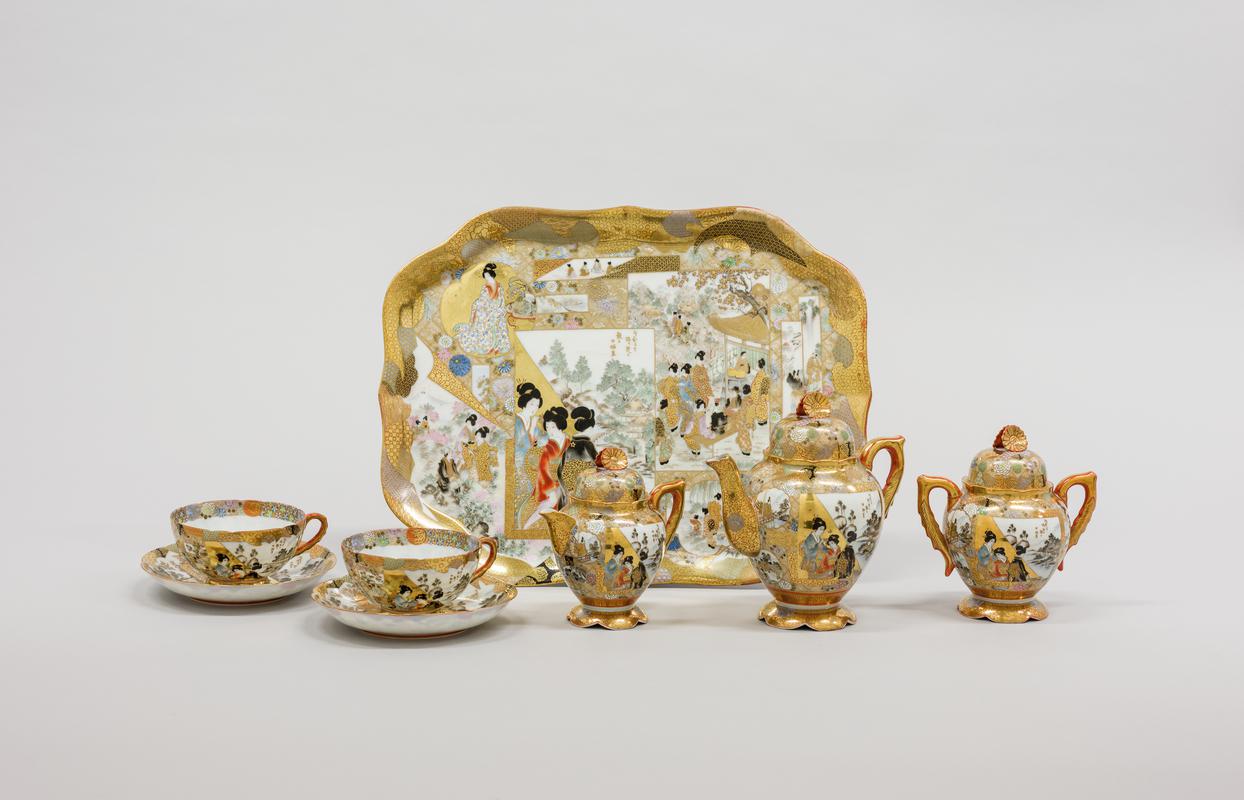 porcelain tray, porcelain teapot, porcelain jug &amp; cover, porcelain suger bowl &amp; cover, 2 x porcelain cup &amp; saucer - Group shot