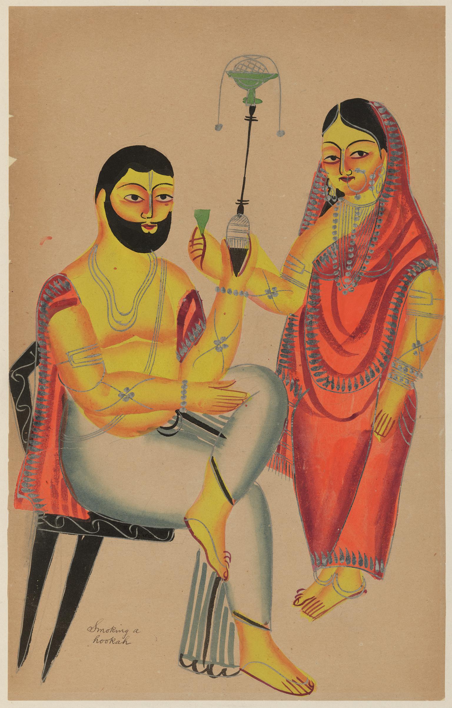 Woman offering pan to a Brahmin who smokes a hookah