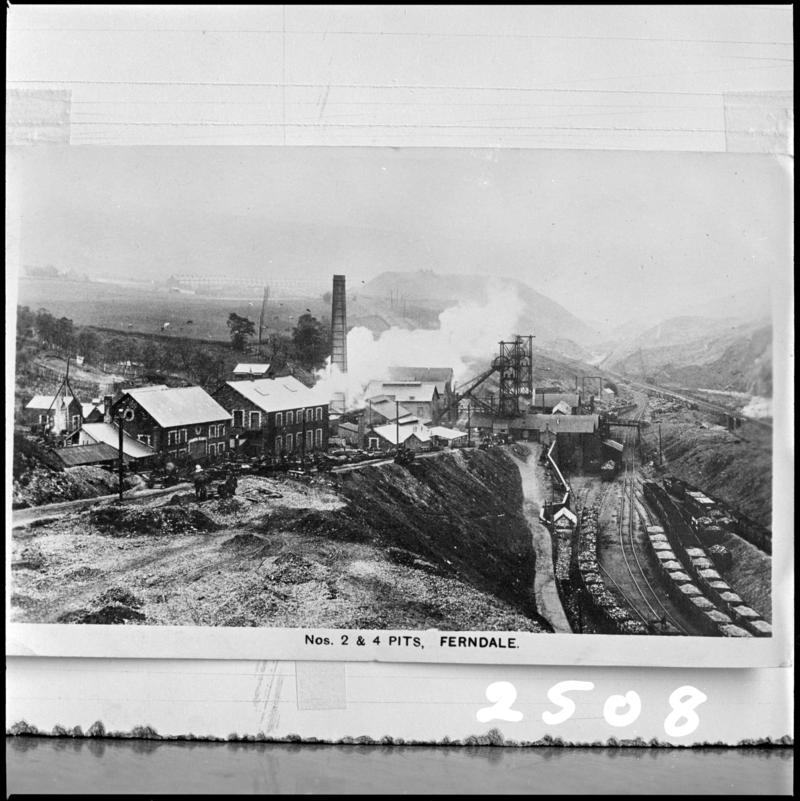 Black and white film negative of a photograph showing no. 2 and 4 pits, Ferndale Colliery.  &#039;Ferndale 2-4&#039; is transcribed from original negative bag.