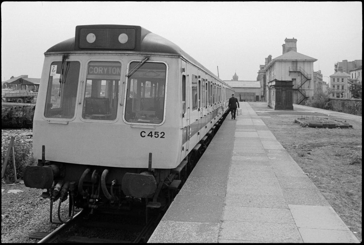 Coryton train at the platform of Cardiff Bute Road railway station.