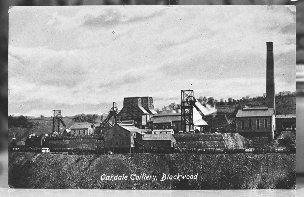 Black and white film negative of a photograph showing a general surface view of Oakdale Colliery.  &#039;Oakdale&#039; is transcribed from original negative bag.
