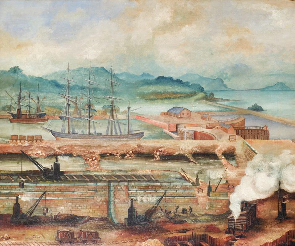Oil painting showing &quot;Barry Docks Under Construction&quot;