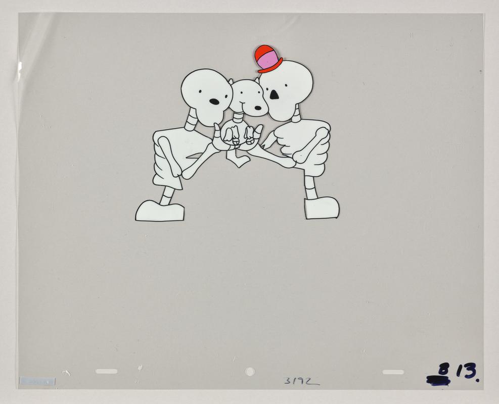 Funny Bones overlay animation production artwork from episode &#039;The Pet Shop&#039; showing the characters Little, Dog and Big.