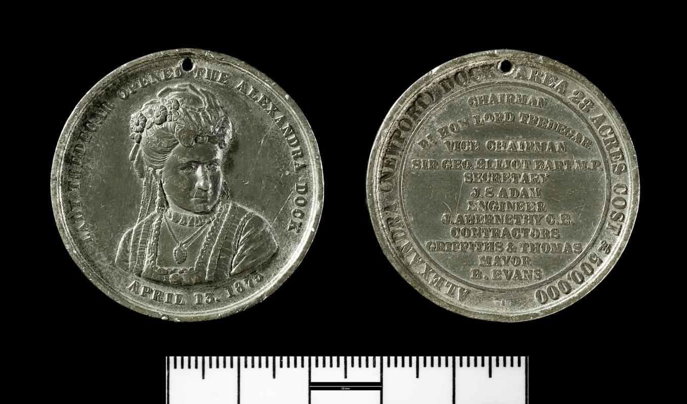 Medal commemorating the opening, by Lady Tredegar, of the Alexandra (Newport) Dock on 13 April 1875.