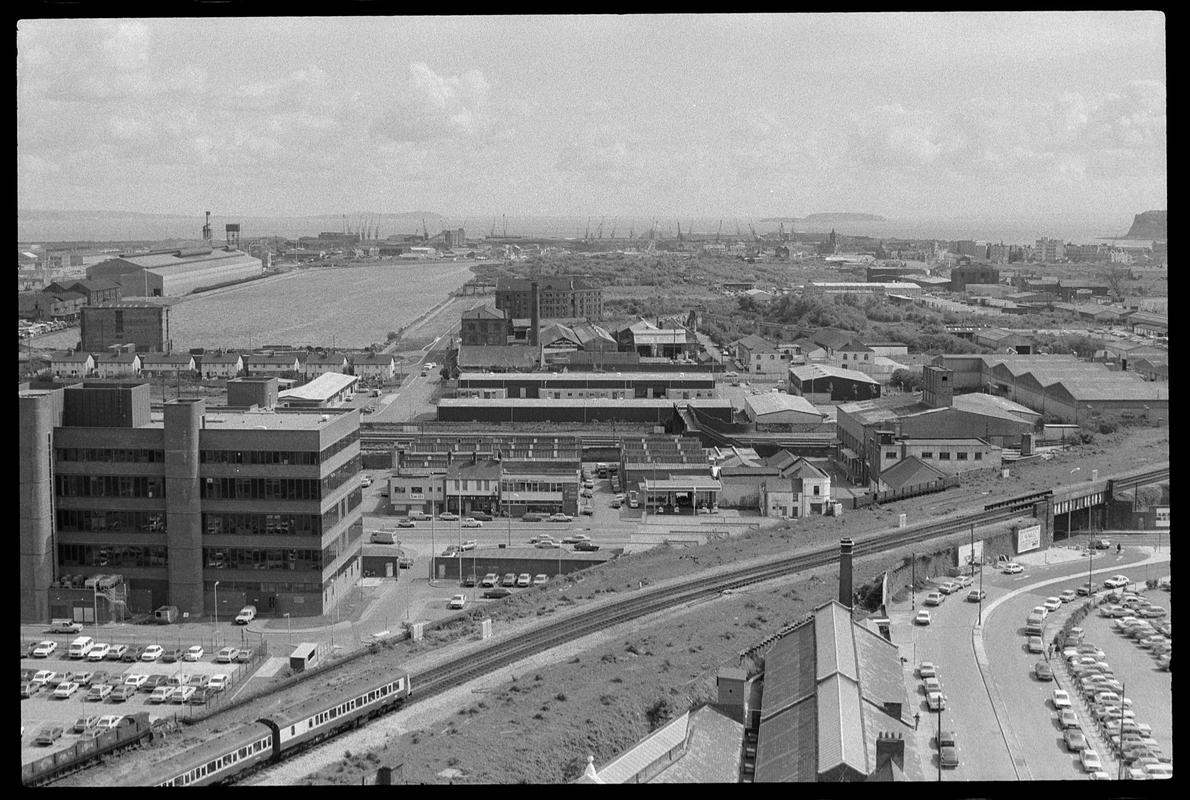 View from top of building on Churchill Way, with train passing in foreground.