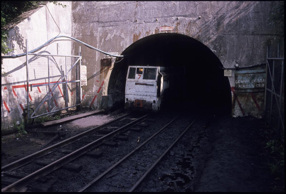 Colour film slide showing a locomotive at the entrance to Blaengwrach Mine.
