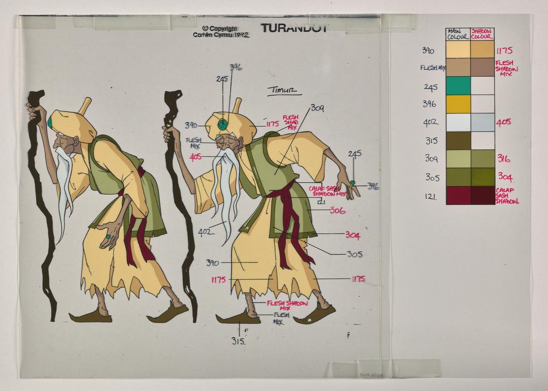 Turandot animation production artwork showing the character Timur and a colour chart.