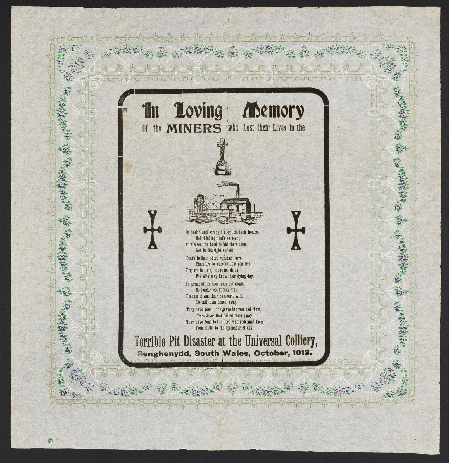 Universal Colliery, Senghenydd, memorial poem printed on serviette