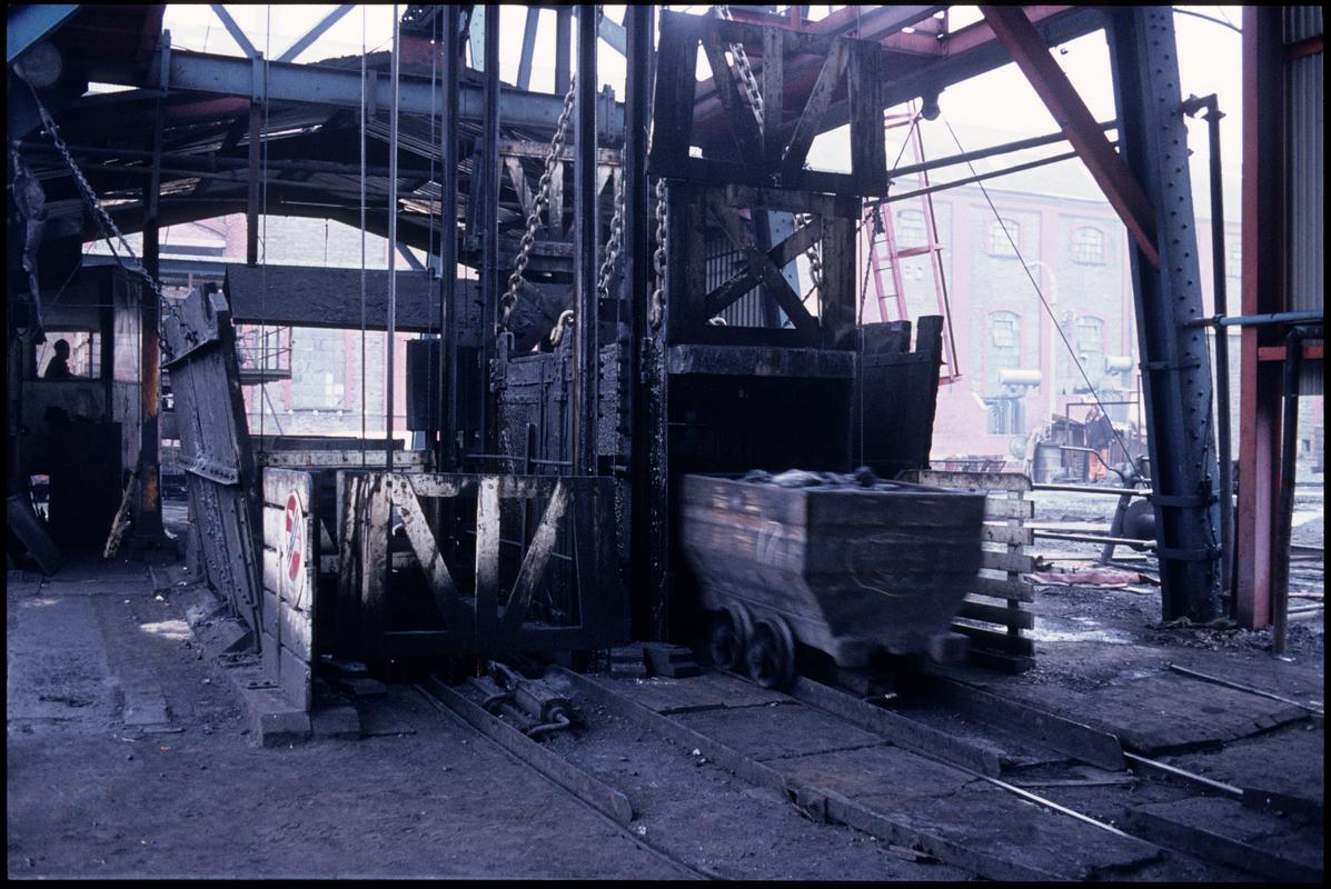 Colour film slide showing a dram on the coaling shaft, Penallta Colliery, April 1981.