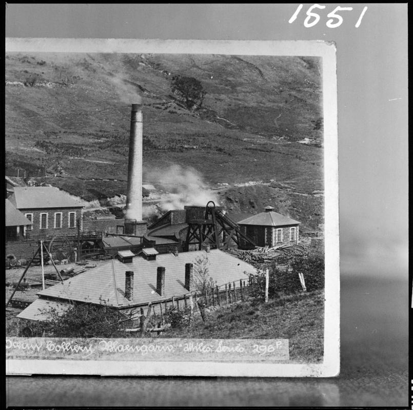 Black and white film negative of a photograph showing a general surface view of Ocean Colliery.  The bottom of the photograph reads &#039;Ocean Colliery, Blaengarw&#039;.   &#039;Garw&#039; is transcribed from original negative bag.