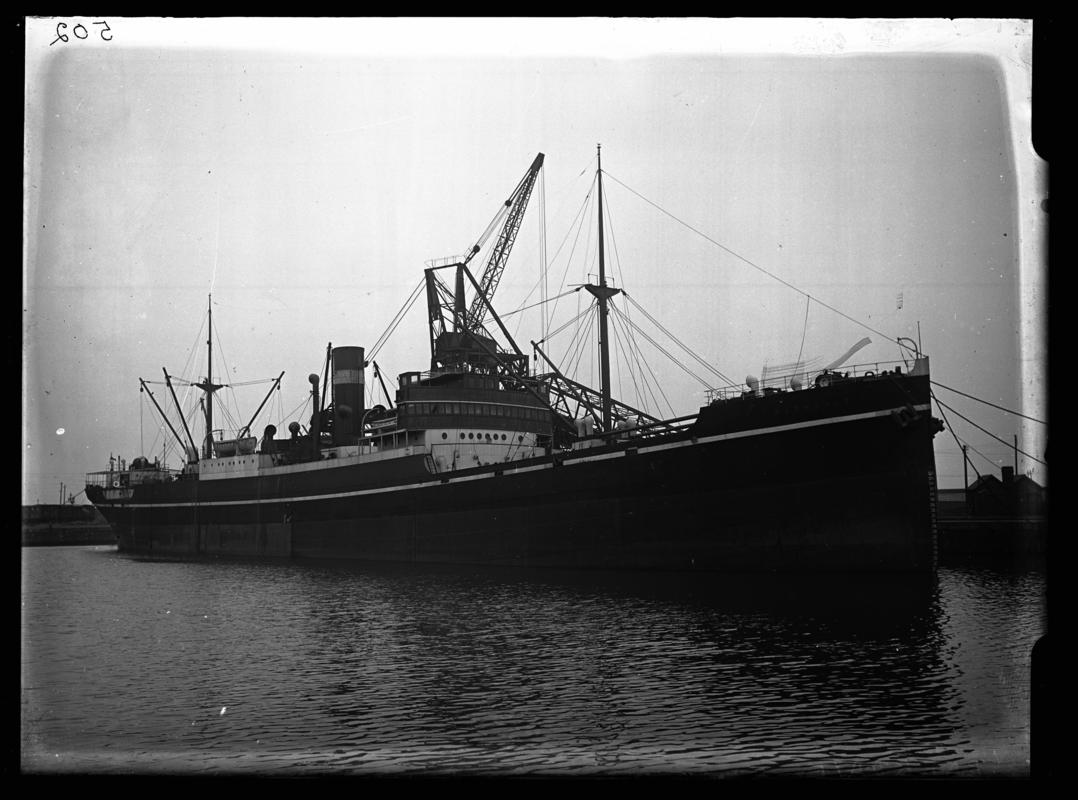 3/4 Starboard Bow view of S.S. BARRDALE in Cardiff Docks c.1936