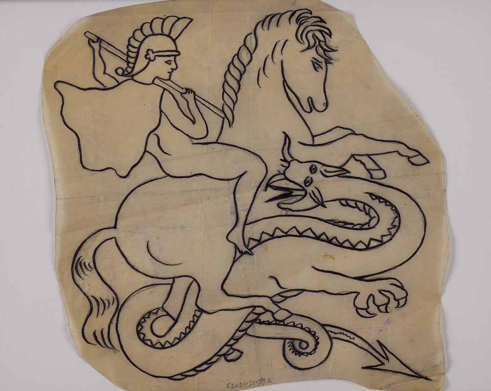 Tattoo Transfer: figure with helmet riding horse, with dragon.