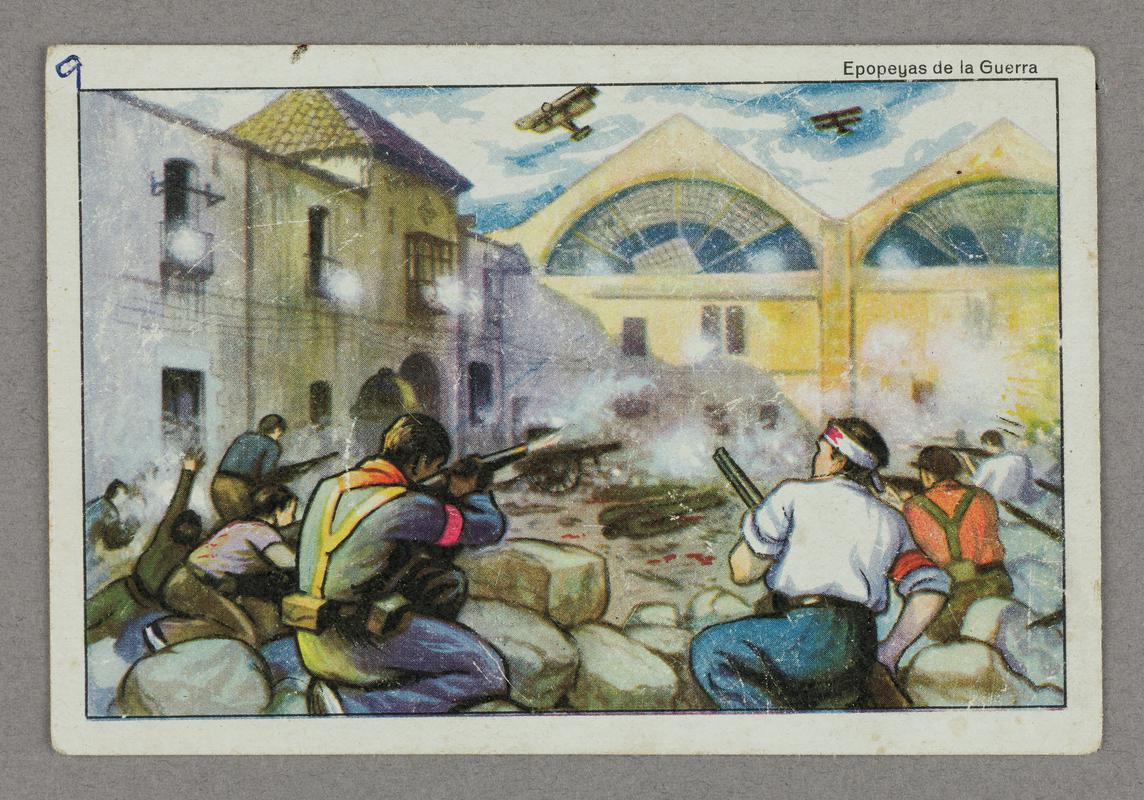 Epopeyas de la Guerra. Collectorâ??s card showing fighting in civil war. Front
