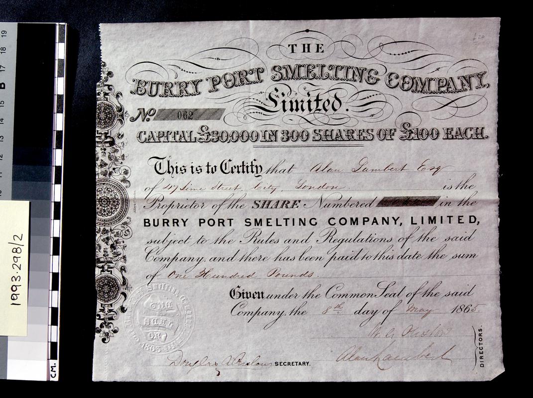 Burry Port Smelting Company Ltd., share cert.