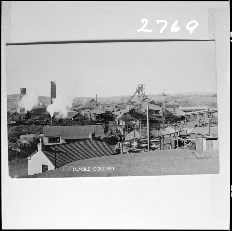 Black and white film negative of a photograph showing a surface view of the Great Mountain Colliery.  &#039;Tumble, Great Mountain Colliery&#039; is transcribed from original negative bag.