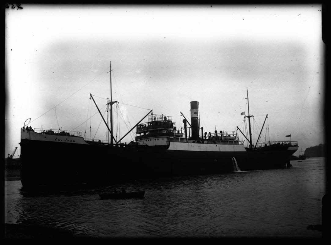 Port broadside view of S.S. SNEATON and waterman&#039;s boat at Penarth Head, c.1936.