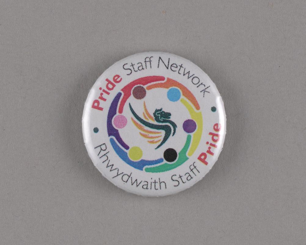 Newport City Council’s Pride Staff Network badge &#039;Pride Staff Network Rhwydwaith Staff Pride&#039;.