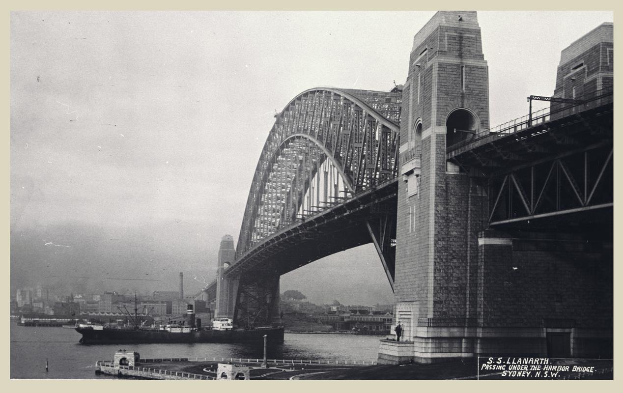 S.S. LLANARTH passing under the Sydney Harbour Bridge.