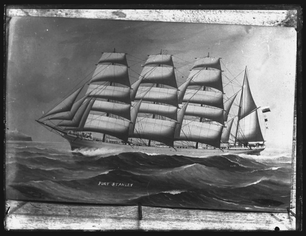 Photograph of a painting showing a port broadside view of the four-masted barque PORT STANLEY. Title of painting - PORT STANLEY.