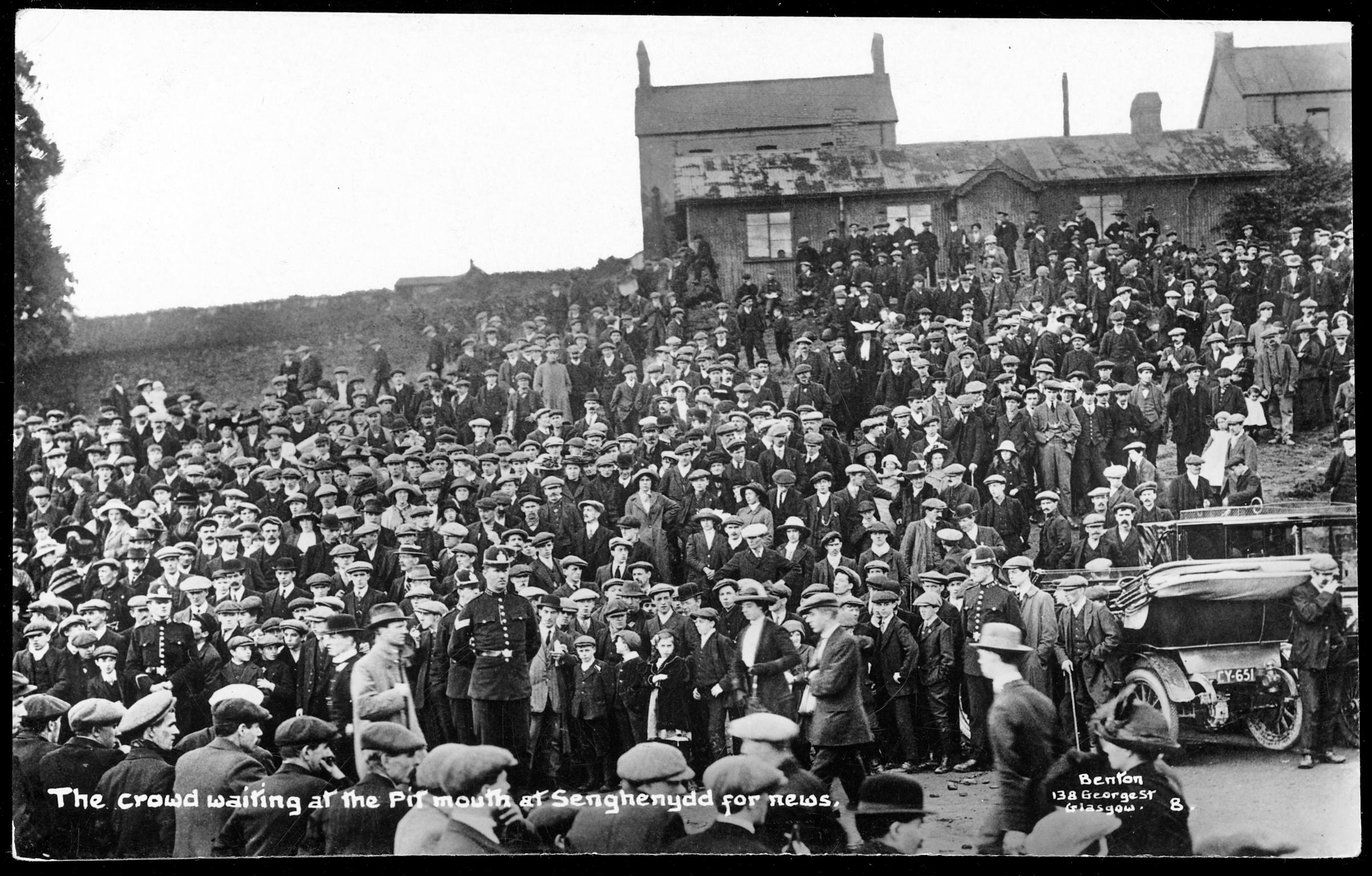 The crowd waiting at the Pit mouth at Senghenydd for news (postcard)