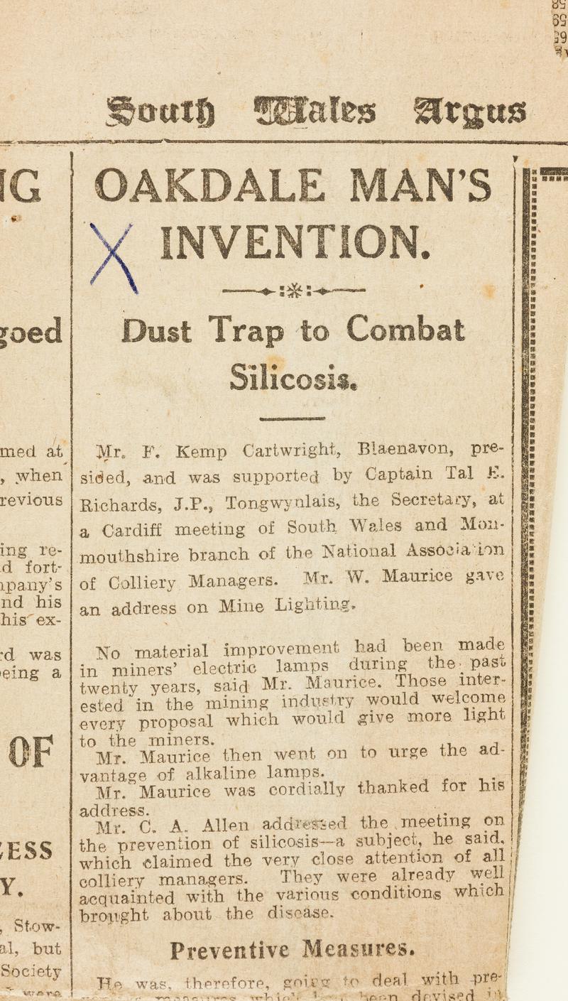 Newspaper cutting including the article &#039;Oakdale Man&#039;s Invention. Dust Trap to Combat Silicosis&#039;, South Wales Argus, December 22, 1930.