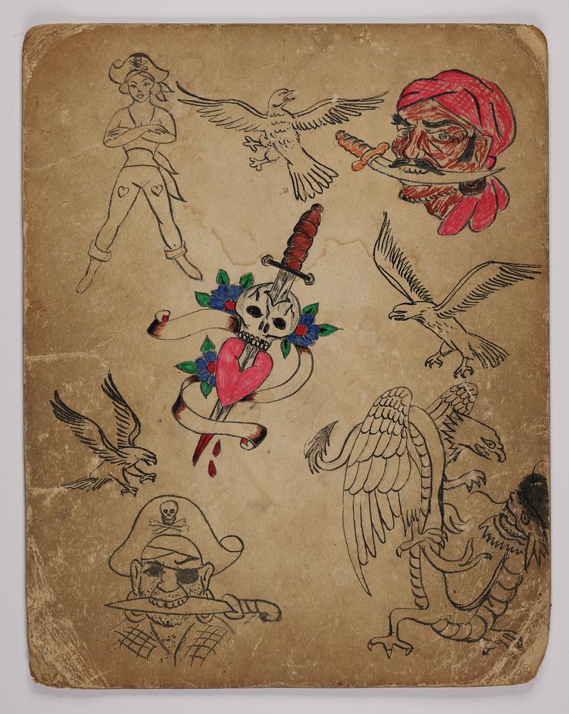 Tattoo flash: Eight images, including a skull and sword, pirates and eagles