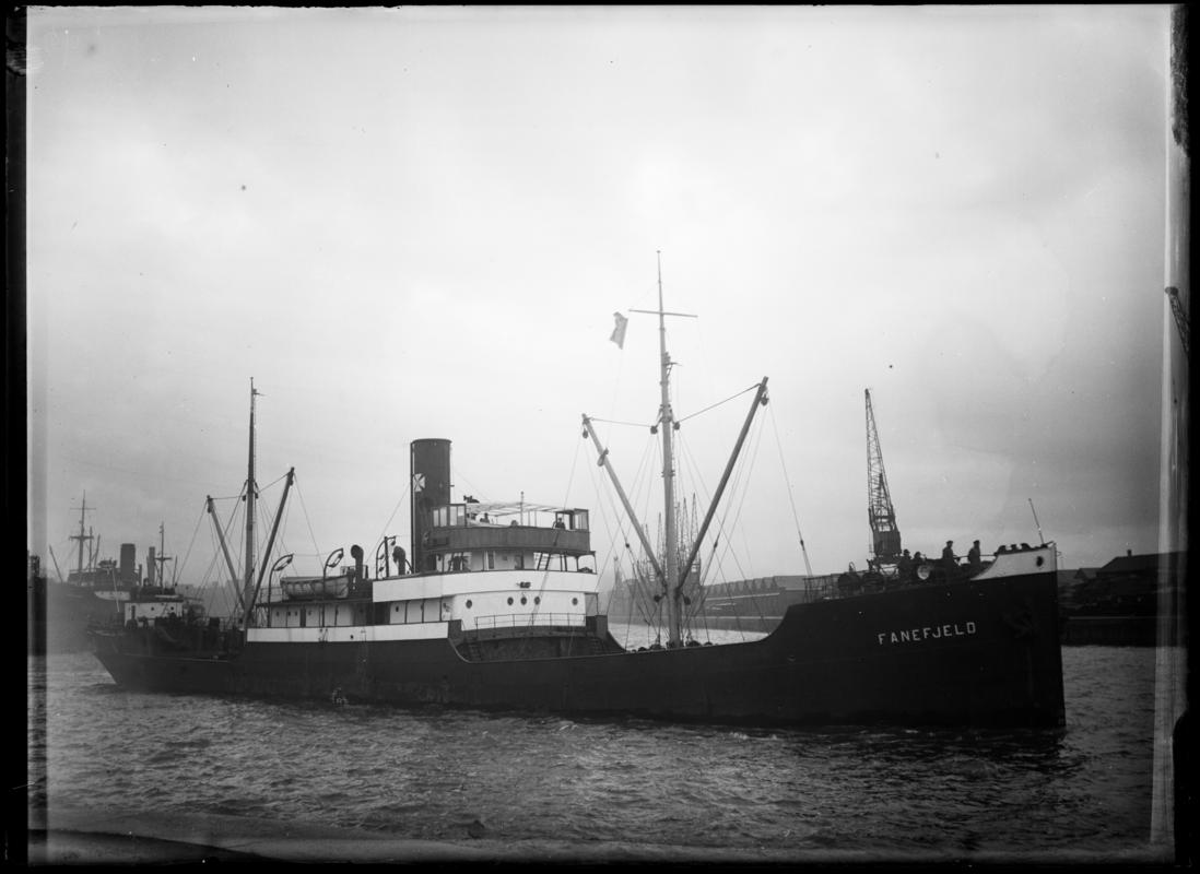 Three quarter Starboard bow view of S.S. FANEFJELD at Cardiff Docks, c.1936.