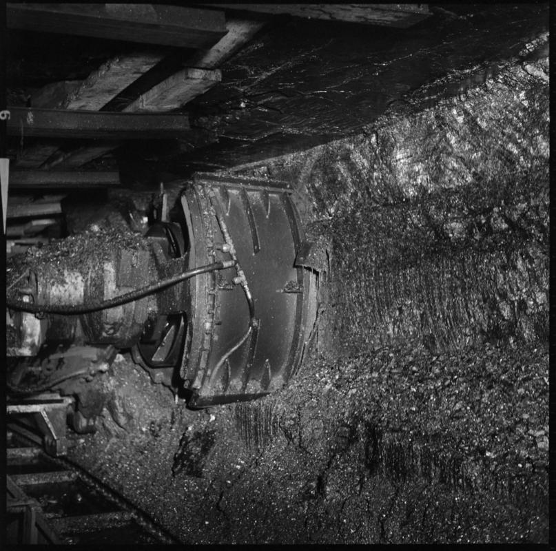 Black and white film negative showing a shearer on the coal face, Tymawr Colliery 21 December 1976.  &#039;Face Ty Mawr 21/12/76&#039; is transcribed from original negative bag.