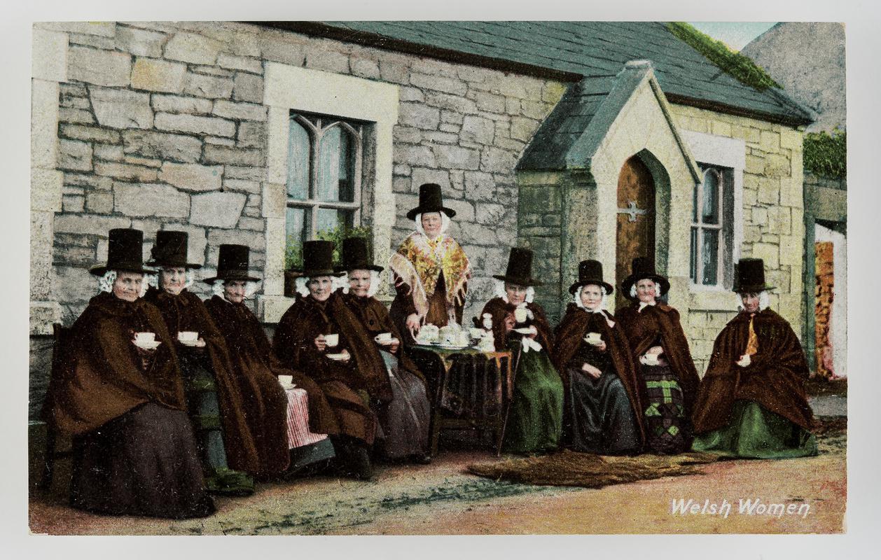Group of 10 Welsh women drinking tea outside a Chapel.