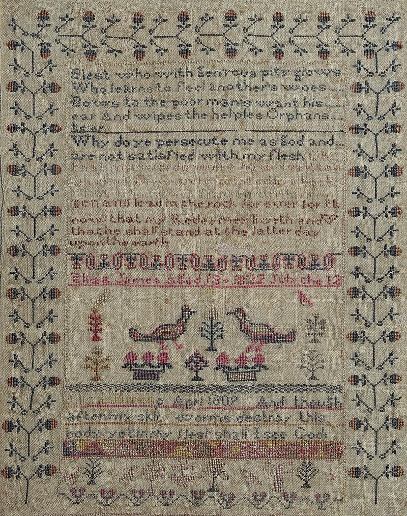 Sampler (verse &amp; motifs), made in Newport, Pembrokeshire, 1822