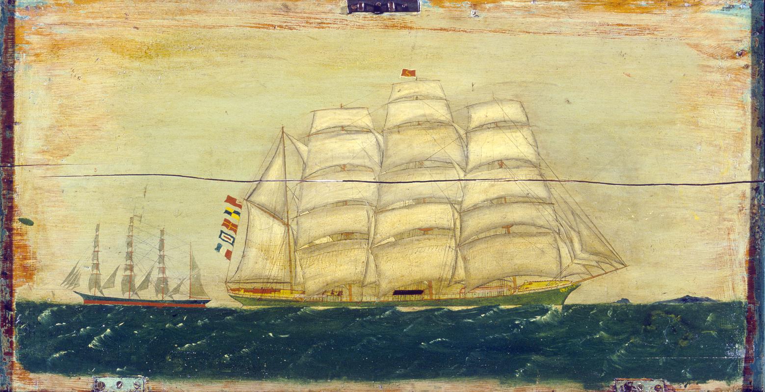 Painting of a sailing vessel on a chest lid