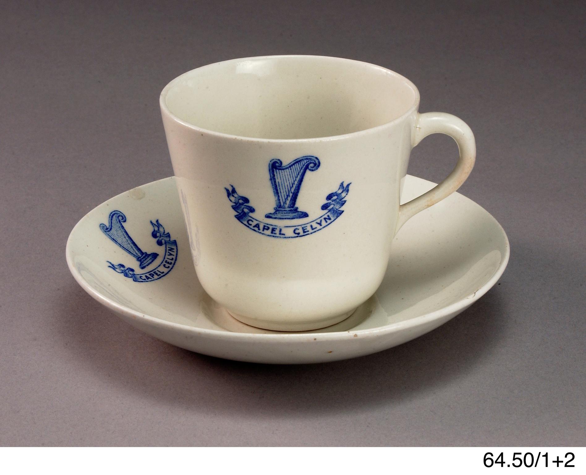 Cup and saucer both inscribed Capel Celyn