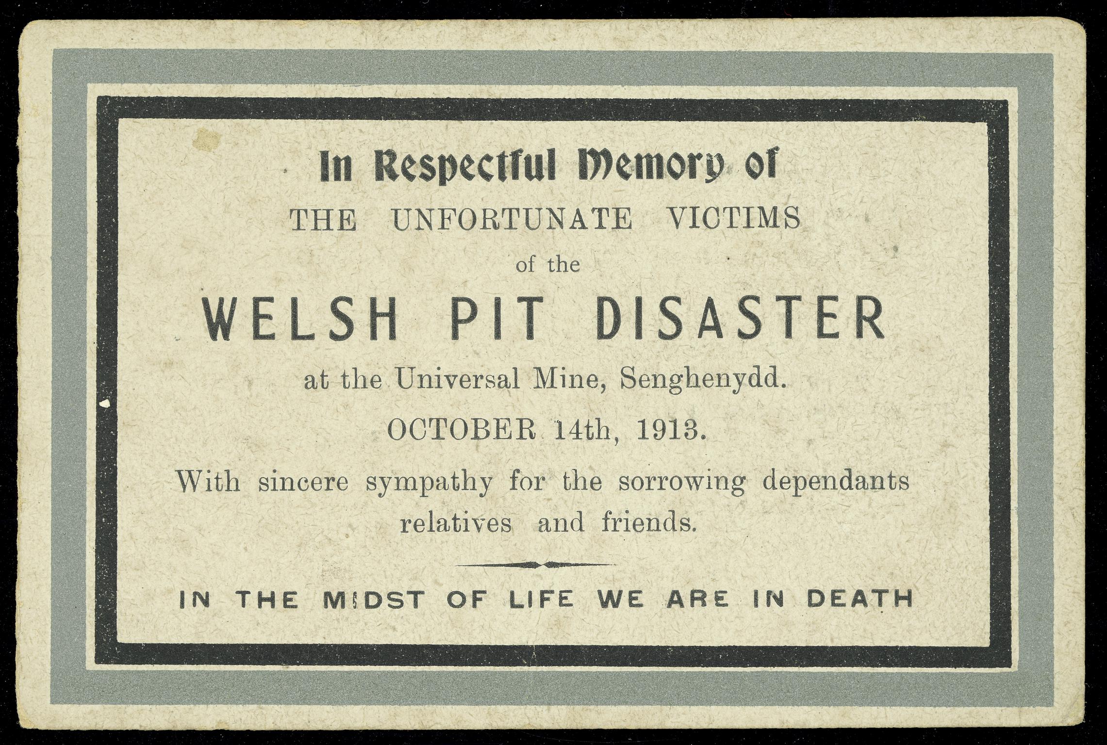 Universal Colliery, Senghenydd, memorial card