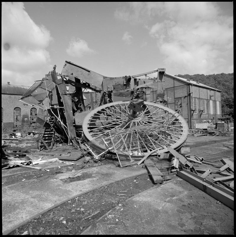 Black and white film negative of a photograph showing demolition at Celynen South Colliery, 1985.  &#039;South Celynen&#039; is transcribed from original negative bag.
