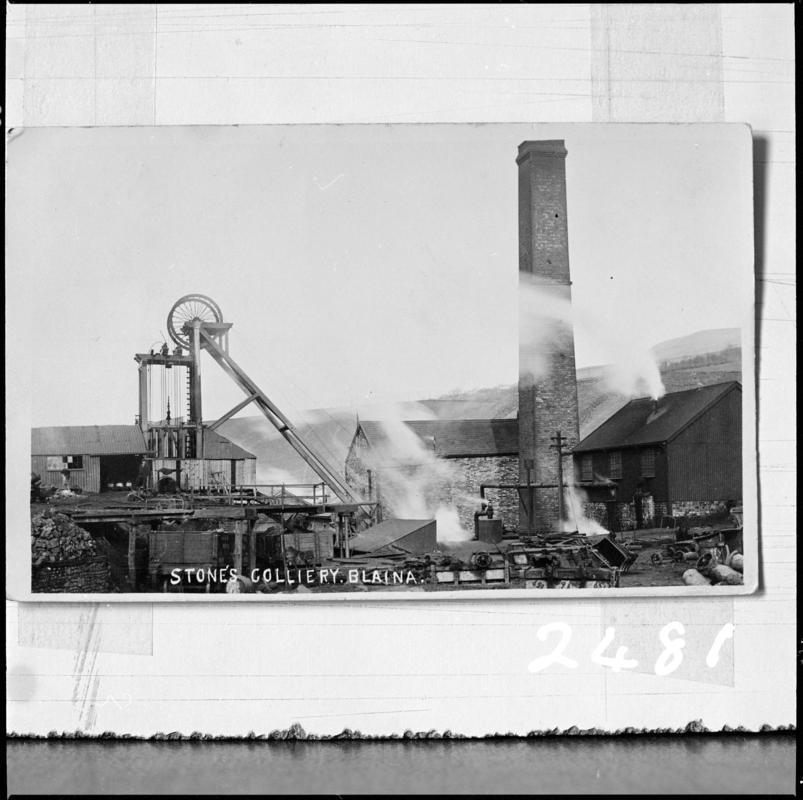 Black and white film negative of a photograph showing a surface view of North Blaina Colliery c.1900, also known as Stone&#039;s Colliery.  &#039;Stone&#039;s Blaina c.1900&#039; is transcribed from original negative bag.