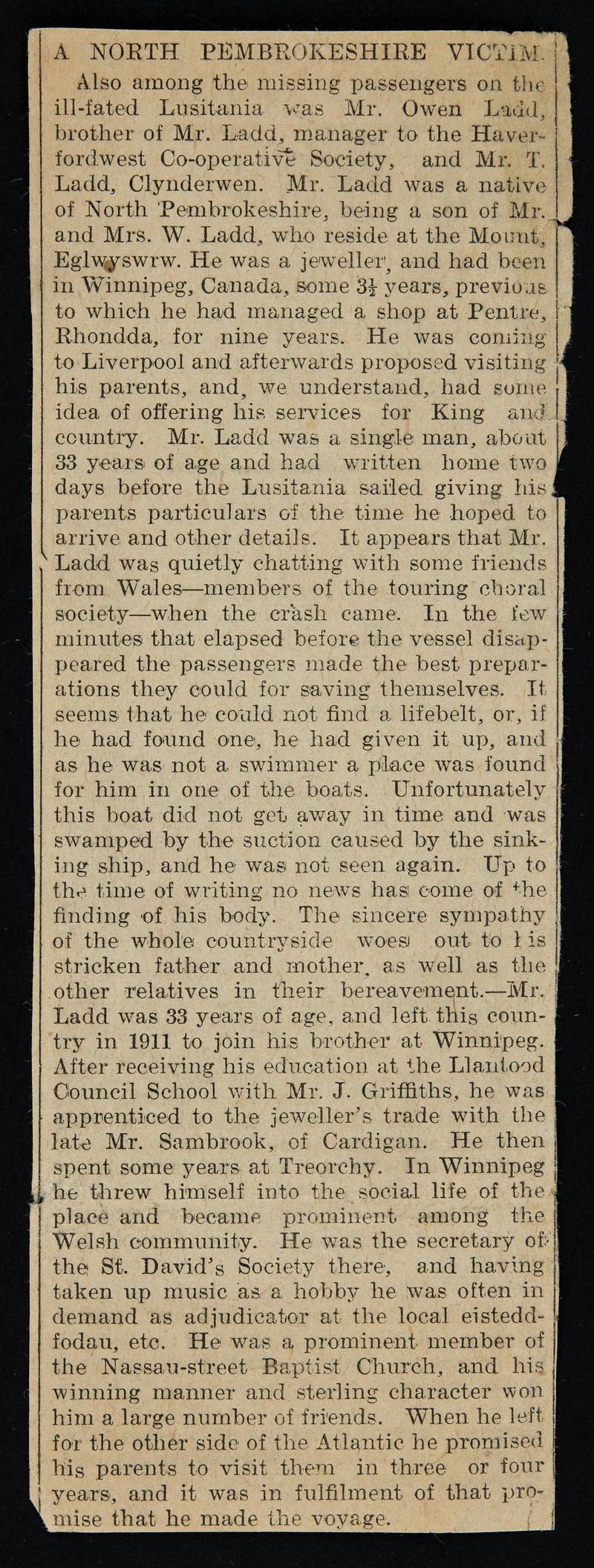 Papers concerning Owen Ladd of Winnipeg, formerly of Clynderwen, Pembrokeshire. He was a victim of the Lusitania disaster. - newspaper cutting