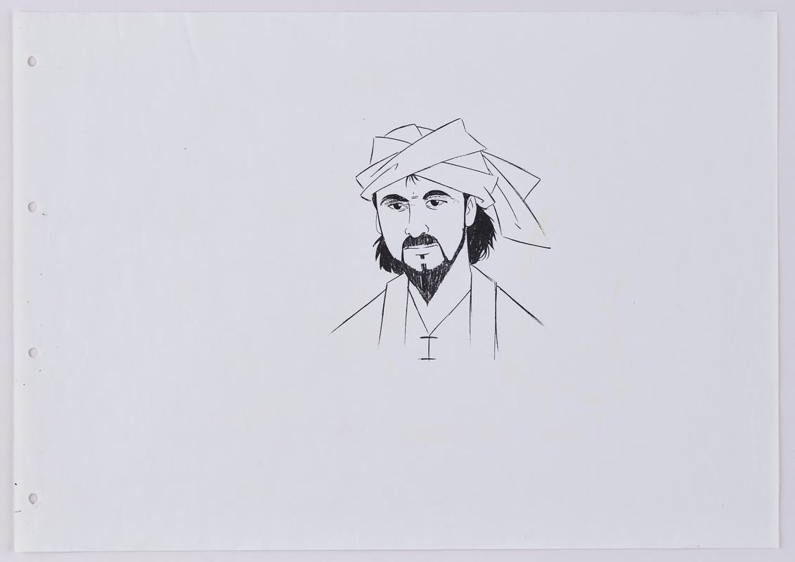 Photocopy of an animation production sketch of the character Calaf. It may be an early development sketch drawn before the design was finalised.