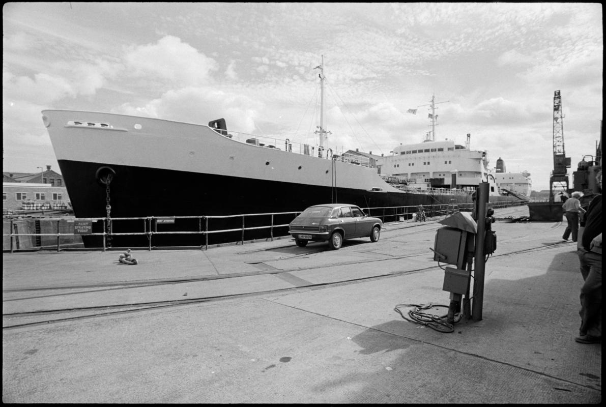 Port Bow view of M.V. PARTULA in Channel Dry Dock, Cardiff. This wide-angle view shows the entire vessel.