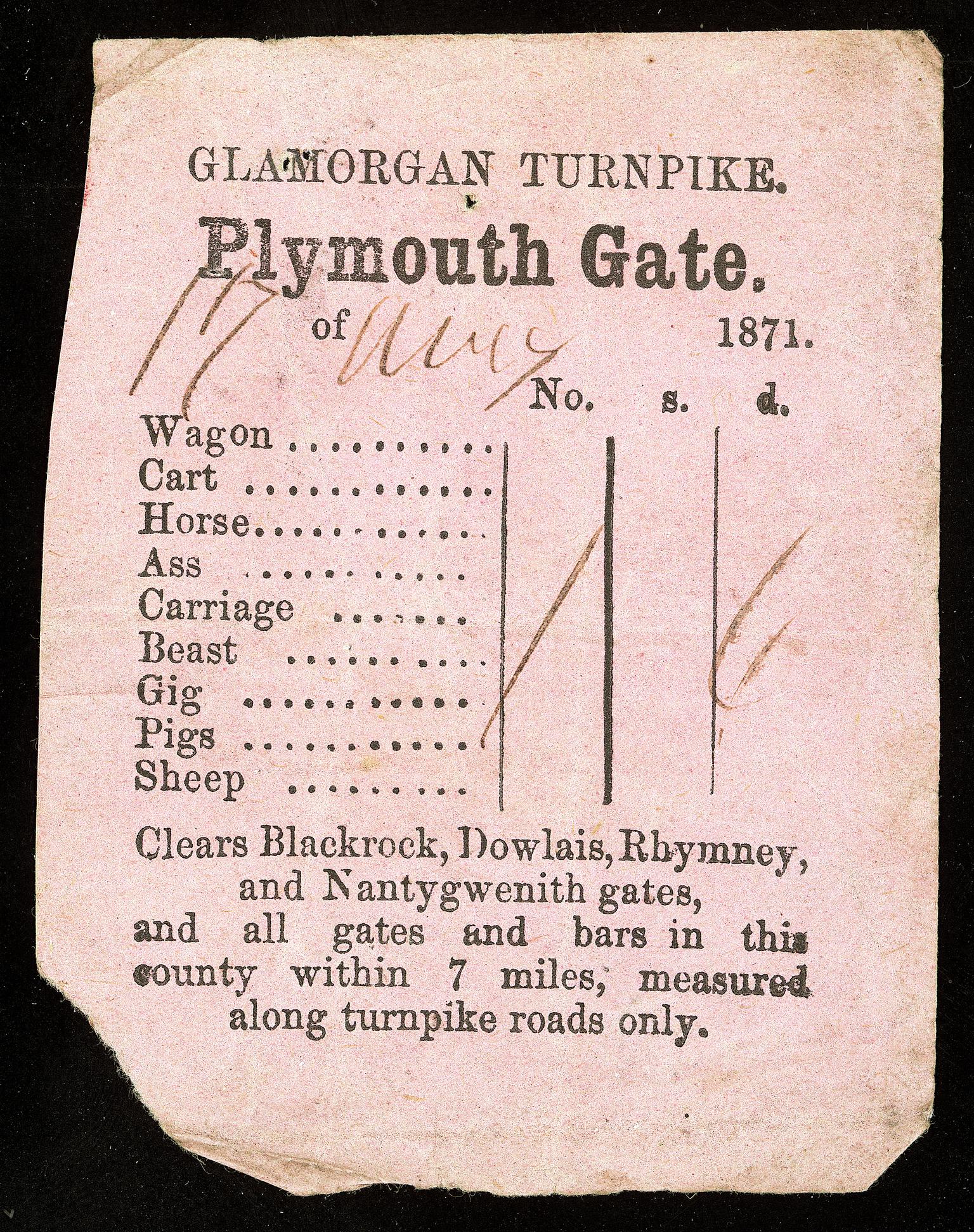 Glamorgan Turnpike, Plymouth Gate, ticket