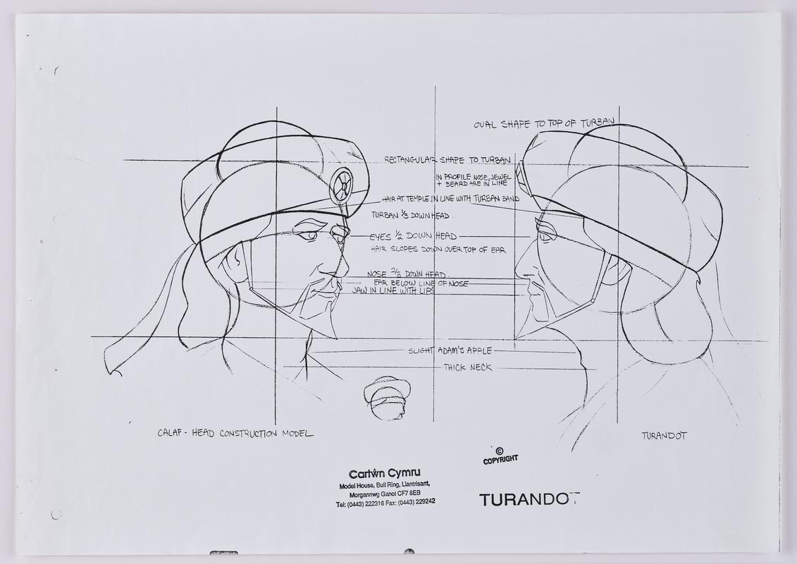 Photocopy of head construction model sheet of the character Calaf. Stamped with production company name.