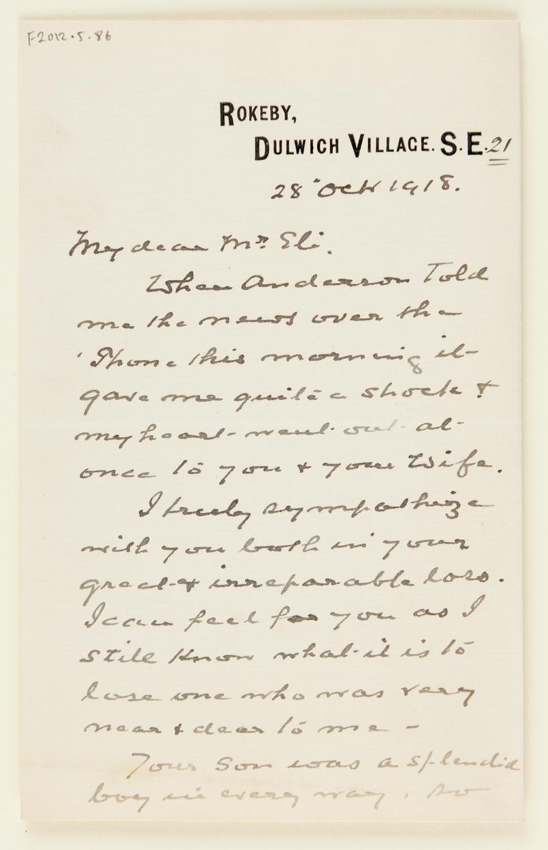 Letter of sympathy sent to Eli Evans