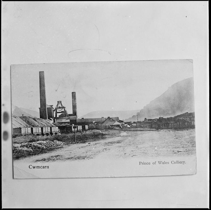 Black and white film negative of a photograph showing a surface view of Prince of Wales Colliery, Abercarn.  &#039;Prince of Wales Abercarn&#039; is transcribed from original negative bag.