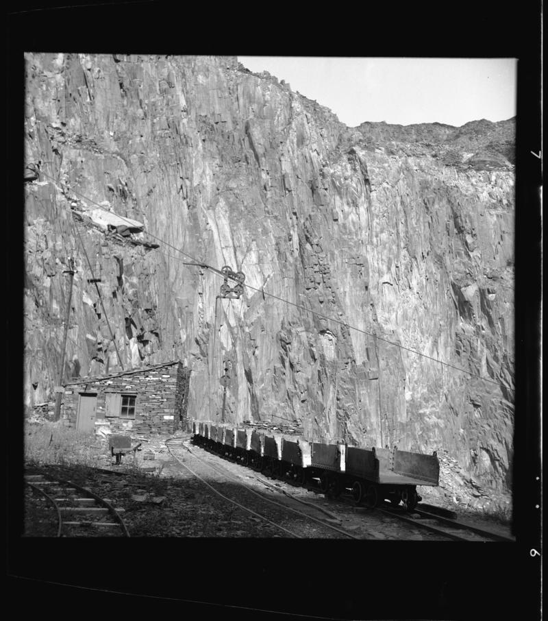 View of a Blondin and run of wagons at a weigh bridge, Dinorwig Quarry.