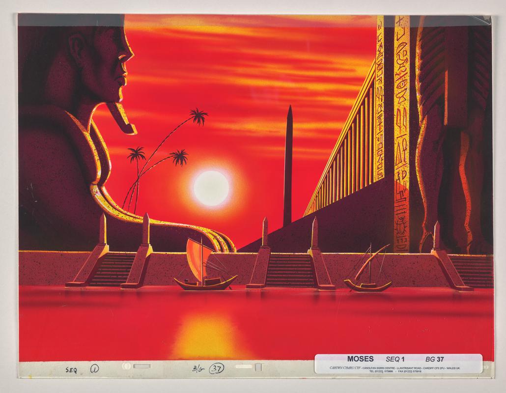 Background animation production artwork from episode Moses in series &#039;Testament: The Bible in Animation&#039;. Sheet of cellulose acetate covering front.  Labelled with production company name.