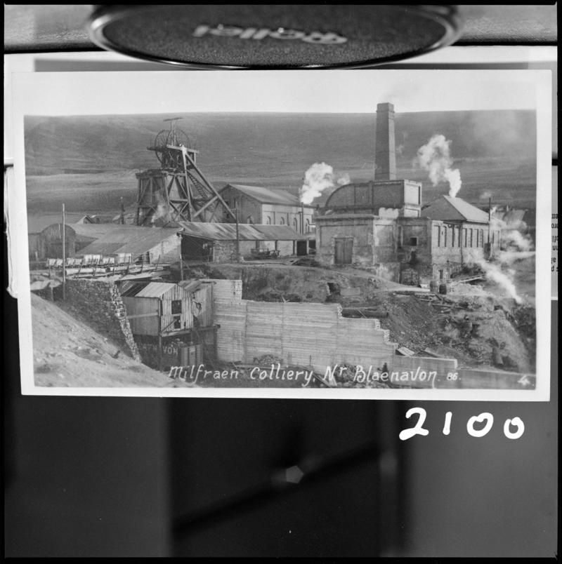 Black and white film negative of a photograph showing a general view of Milfaen Colliery, near Blaenavon.  &#039;Milfraen&#039; is transcribed from original negative bag.