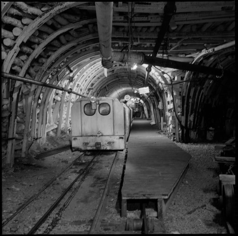Black and white film negative showing an electric locomotive underground at Cwmtillery Colliery 22 November 1977.  &#039;Cwmtillery, 22 November 1977&#039; is transcribed from original negative bag.