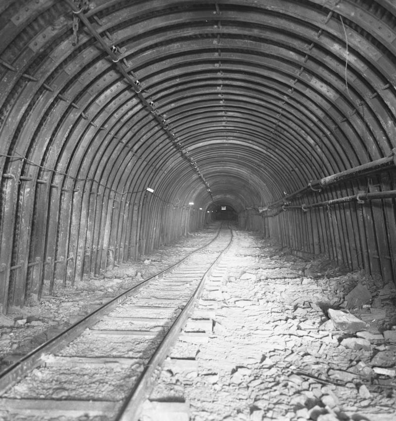Black and white film negative showing an underground roadway, Oakdale Colliery, May 1980.  &#039;Oakdale May 1980&#039; is transcribed from original negative bag.