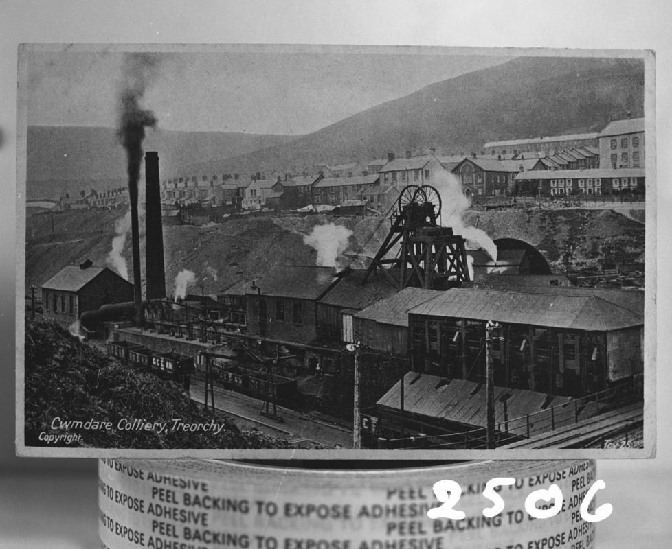 Black and white film negative of a photograph showing a surface view of Cwmdare Colliery.