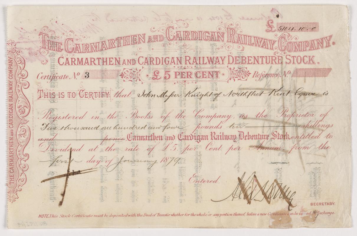 The Carmarthen and Cardigan Railway Company, £5104,10 shillings debenture stock, 1879